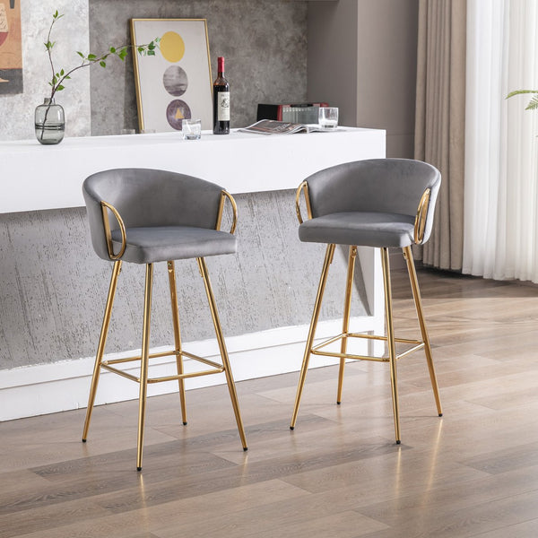 English Elm 30 Inch Set Of 2 Velvet Bar Stools With Gold Legs & Chrome Footrest - Chic Seating For Modern Spaces W124973009
