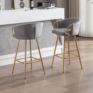 English Elm 26 Inch Set Of 2 Elegant Velvet Bar Stools With Gold Legs & Chrome Footrest For Modern Décor W124973013