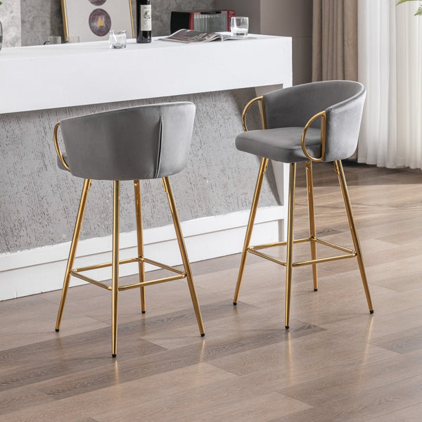 English Elm 26 Inch Set Of 2 Elegant Velvet Bar Stools With Gold Legs & Chrome Footrest For Modern Décor W124973013