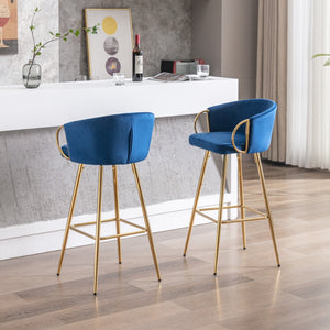 English Elm 30 Inch Set Of 2 Plush Blue Velvet Bar Stools With Gold Legs & Chrome Footrest For Modern Style W124973011