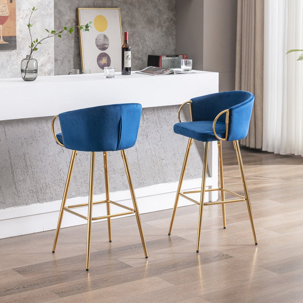 English Elm 30 Inch Set Of 2 Plush Blue Velvet Bar Stools With Gold Legs & Chrome Footrest For Modern Style W124973011