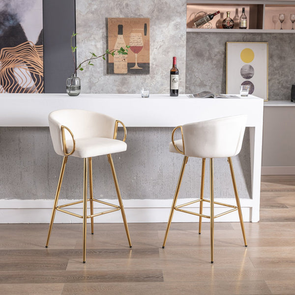 English Elm 30 Inch Set Of 2 Cream Velvet Bar Stools With Gold Legs & Chrome Footrest For Modern Elegance W124973007