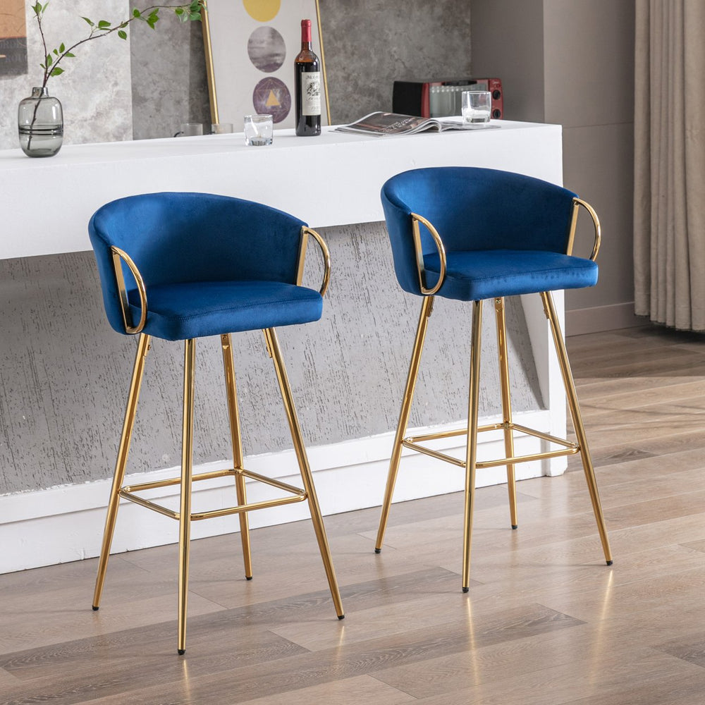 English Elm 26 Inch Set Of 2 Velvet Bar Stools With Chrome Footrest & Golden Legs - Luxe Blue Seating Duo W124973015