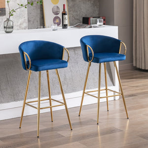 English Elm 26 Inch Set Of 2 Velvet Bar Stools With Chrome Footrest & Golden Legs - Luxe Blue Seating Duo W124973015
