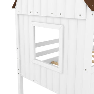 English Elm Twin Playhouse Cabin Loft Bed Solid Pine Frame with Guardrails for Kids Bedroom WF300984AAD