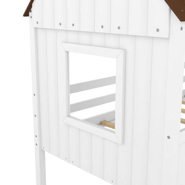 English Elm Twin Playhouse Cabin Loft Bed Solid Pine Frame with Guardrails for Kids Bedroom WF300984AAD