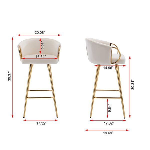 English Elm 30 Inch Set Of 2 Cream Velvet Bar Stools With Gold Legs & Chrome Footrest For Modern Elegance W124973007