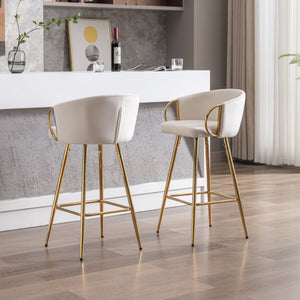 English Elm 30 Inch Set Of 2 Cream Velvet Bar Stools With Gold Legs & Chrome Footrest For Modern Elegance W124973007