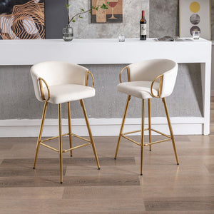 English Elm 26 Inch Cream Velvet Bar Stools Set Of 2 With Chrome Footrest & Golden Legs For Modern Elegance W124973012
