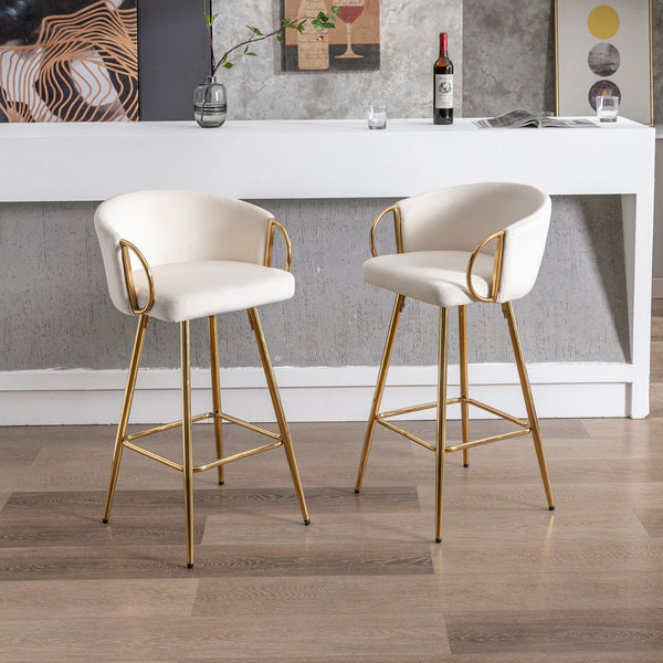 English Elm 26 Inch Cream Velvet Bar Stools Set Of 2 With Chrome Footrest & Golden Legs For Modern Elegance W124973012
