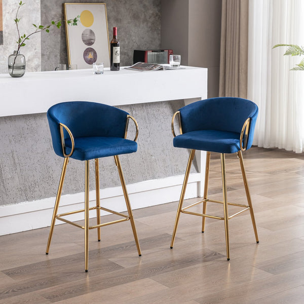English Elm 26 Inch Set Of 2 Velvet Bar Stools With Chrome Footrest & Golden Legs - Luxe Blue Seating Duo W124973015