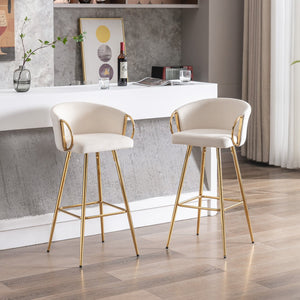 English Elm 30 Inch Set Of 2 Cream Velvet Bar Stools With Gold Legs & Chrome Footrest For Modern Elegance W124973007