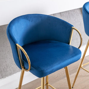 English Elm 30 Inch Set Of 2 Plush Blue Velvet Bar Stools With Gold Legs & Chrome Footrest For Modern Style W124973011
