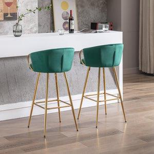 English Elm 30 Inch Set Of 2 Velvet Bar Stools With Chrome Footrest & Golden Legs - Elegant Green Design W124973010
