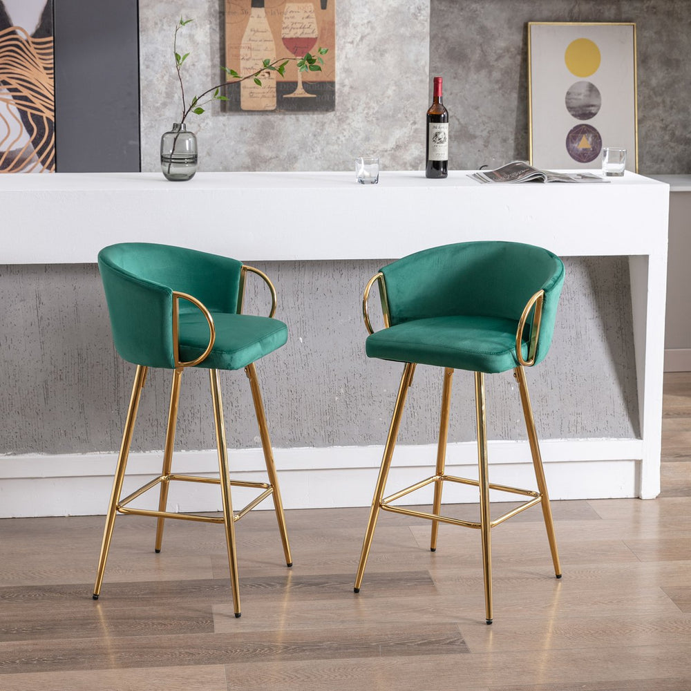 English Elm 30 Inch Set Of 2 Velvet Bar Stools With Chrome Footrest & Golden Legs - Elegant Green Design W124973010