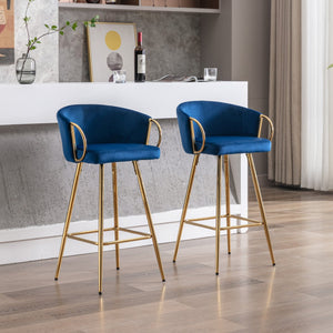 English Elm 30 Inch Set Of 2 Plush Blue Velvet Bar Stools With Gold Legs & Chrome Footrest For Modern Style W124973011