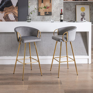 English Elm 30 Inch Set Of 2 Velvet Bar Stools With Gold Legs & Chrome Footrest - Chic Seating For Modern Spaces W124973009