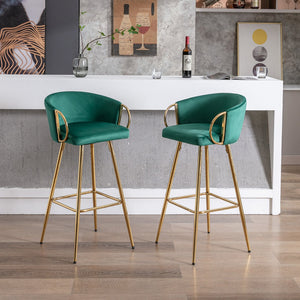 English Elm 26 Inch Velvet Bar Stools Set Of 2 – Green Upholstery, Gold Legs & Chrome Footrest For Chic Comfort W124973014