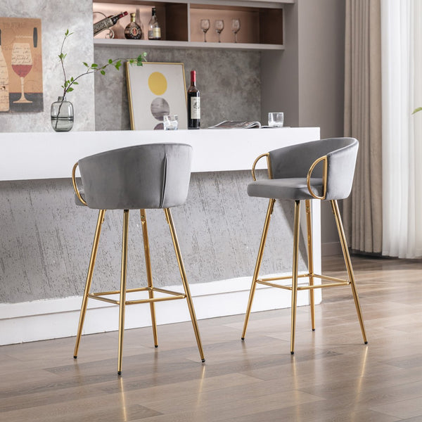 English Elm 30 Inch Set Of 2 Velvet Bar Stools With Gold Legs & Chrome Footrest - Chic Seating For Modern Spaces W124973009