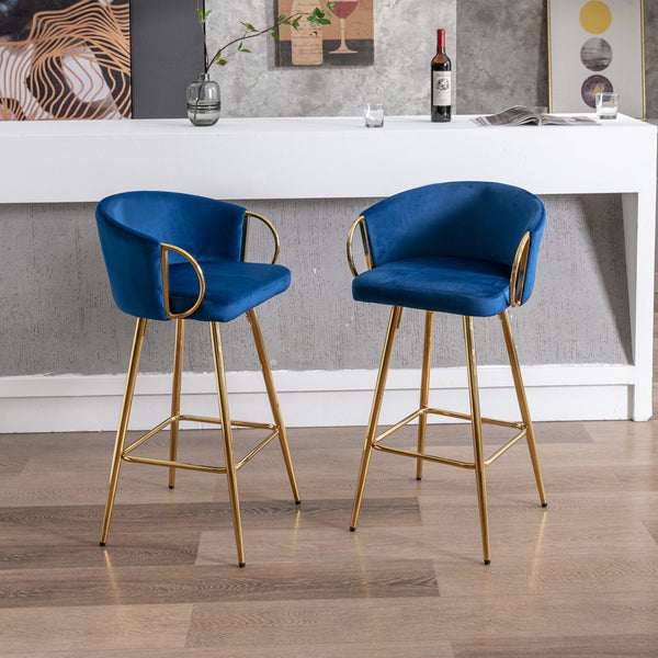 English Elm 26 Inch Set Of 2 Velvet Bar Stools With Chrome Footrest & Golden Legs - Luxe Blue Seating Duo W124973015