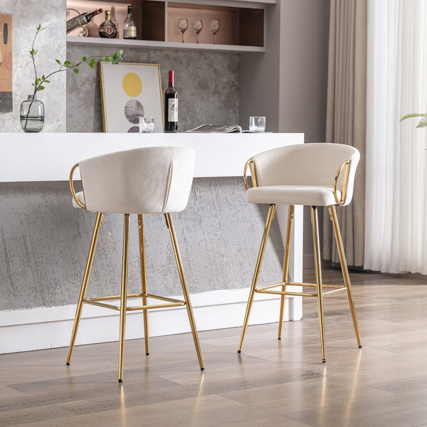 English Elm 30 Inch Set Of 2 Cream Velvet Bar Stools With Gold Legs & Chrome Footrest For Modern Elegance W124973007