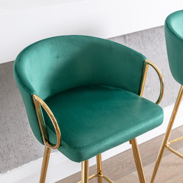 English Elm 30 Inch Set Of 2 Velvet Bar Stools With Chrome Footrest & Golden Legs - Elegant Green Design W124973010
