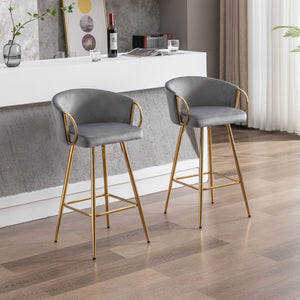 English Elm 26 Inch Set Of 2 Elegant Velvet Bar Stools With Gold Legs & Chrome Footrest For Modern Décor W124973013