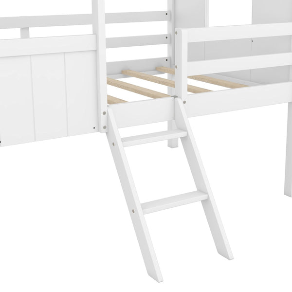 English Elm Twin Playhouse Cabin Loft Bed Solid Pine Frame with Guardrails for Kids Bedroom WF300984AAD