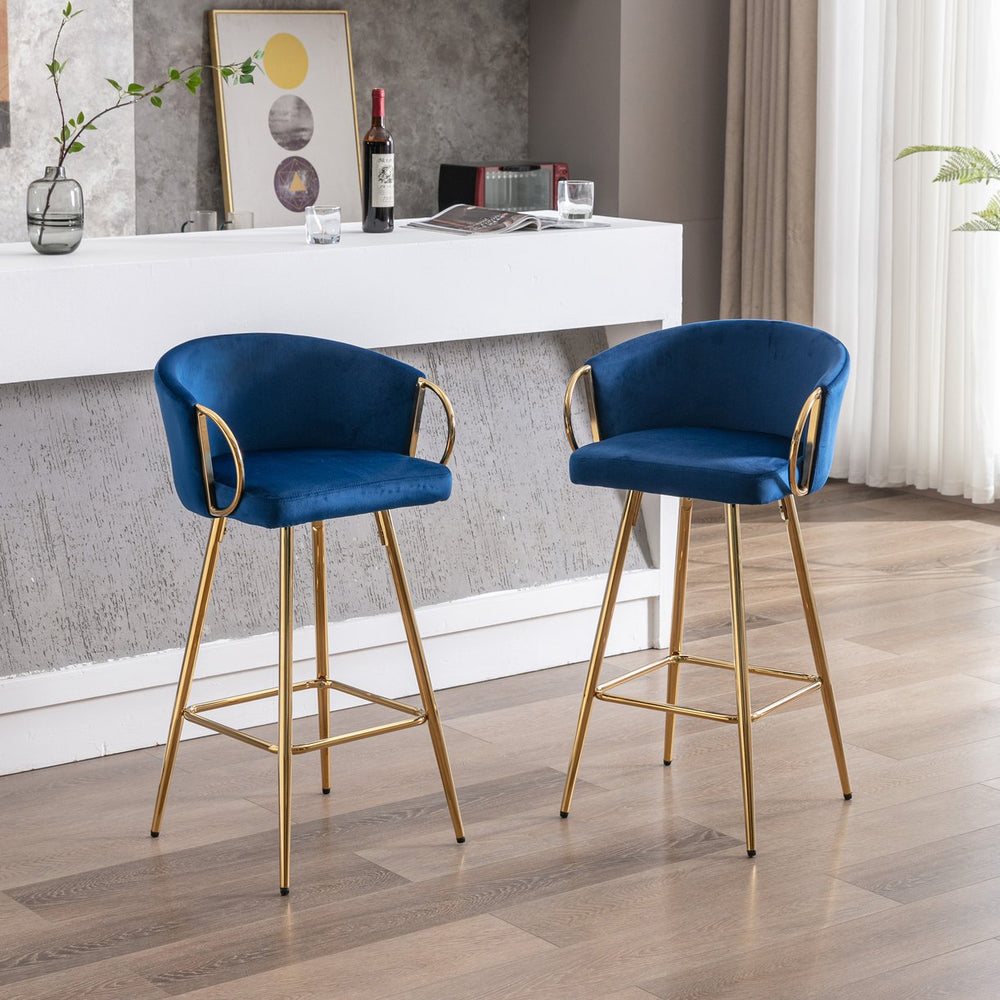English Elm 30 Inch Set Of 2 Plush Blue Velvet Bar Stools With Gold Legs & Chrome Footrest For Modern Style W124973011