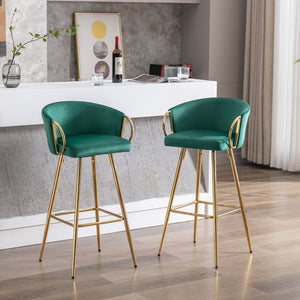 English Elm 26 Inch Velvet Bar Stools Set Of 2 – Green Upholstery, Gold Legs & Chrome Footrest For Chic Comfort W124973014