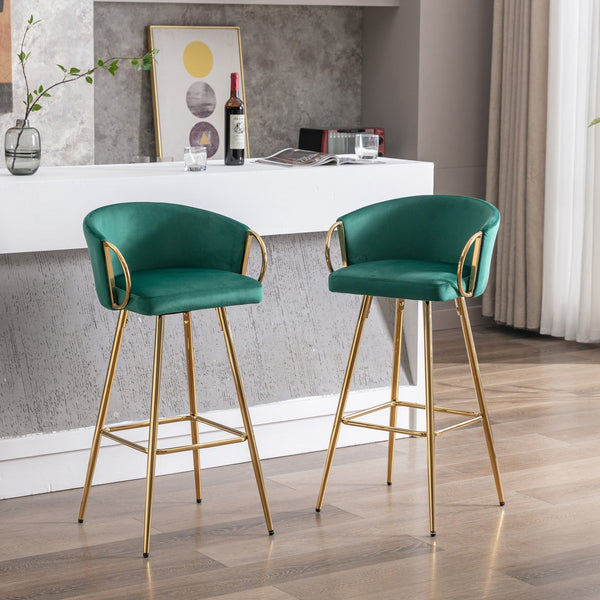 English Elm 26 Inch Velvet Bar Stools Set Of 2 – Green Upholstery, Gold Legs & Chrome Footrest For Chic Comfort W124973014