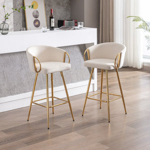 English Elm 26 Inch Cream Velvet Bar Stools Set Of 2 With Chrome Footrest & Golden Legs For Modern Elegance W124973012