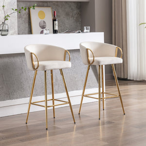 English Elm 30 Inch Set Of 2 Cream Velvet Bar Stools With Gold Legs & Chrome Footrest For Modern Elegance W124973007
