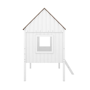 English Elm Twin Playhouse Cabin Loft Bed Solid Pine Frame with Guardrails for Kids Bedroom WF300984AAD