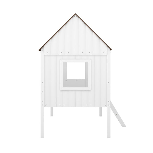 English Elm Twin Playhouse Cabin Loft Bed Solid Pine Frame with Guardrails for Kids Bedroom WF300984AAD