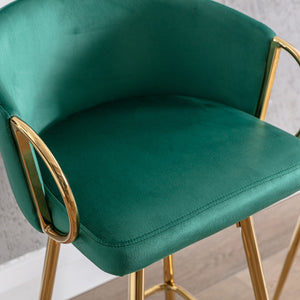 English Elm 30 Inch Set Of 2 Velvet Bar Stools With Chrome Footrest & Golden Legs - Elegant Green Design W124973010