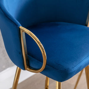 English Elm 30 Inch Set Of 2 Plush Blue Velvet Bar Stools With Gold Legs & Chrome Footrest For Modern Style W124973011
