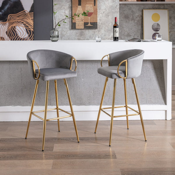 English Elm 26 Inch Set Of 2 Elegant Velvet Bar Stools With Gold Legs & Chrome Footrest For Modern Décor W124973013