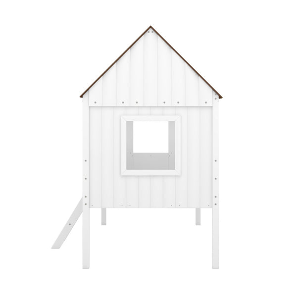 English Elm Twin Playhouse Cabin Loft Bed Solid Pine Frame with Guardrails for Kids Bedroom WF300984AAD