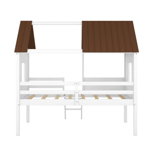 English Elm Twin Playhouse Cabin Loft Bed Solid Pine Frame with Guardrails for Kids Bedroom WF300984AAD