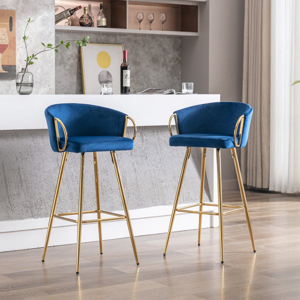 English Elm 30 Inch Set Of 2 Plush Blue Velvet Bar Stools With Gold Legs & Chrome Footrest For Modern Style W124973011