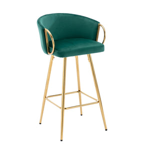 English Elm 26 Inch Velvet Bar Stools Set Of 2 – Green Upholstery, Gold Legs & Chrome Footrest For Chic Comfort W124973014