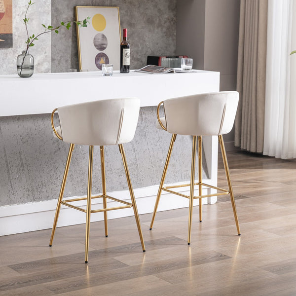 English Elm 30 Inch Set Of 2 Cream Velvet Bar Stools With Gold Legs & Chrome Footrest For Modern Elegance W124973007
