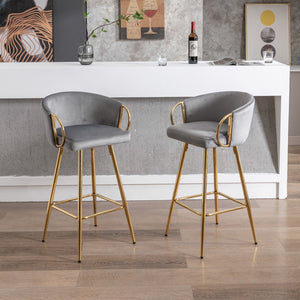 English Elm 30 Inch Set Of 2 Velvet Bar Stools With Gold Legs & Chrome Footrest - Chic Seating For Modern Spaces W124973009