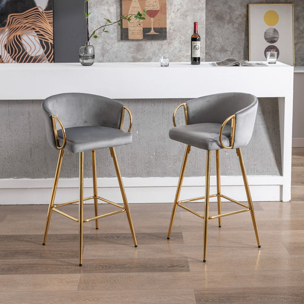 English Elm 30 Inch Set Of 2 Velvet Bar Stools With Gold Legs & Chrome Footrest - Chic Seating For Modern Spaces W124973009