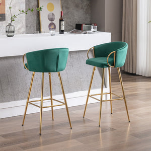 English Elm 30 Inch Set Of 2 Velvet Bar Stools With Chrome Footrest & Golden Legs - Elegant Green Design W124973010