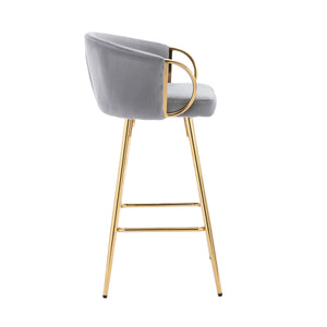 English Elm 30 Inch Set Of 2 Velvet Bar Stools With Gold Legs & Chrome Footrest - Chic Seating For Modern Spaces W124973009