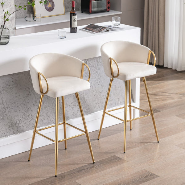 English Elm 30 Inch Set Of 2 Cream Velvet Bar Stools With Gold Legs & Chrome Footrest For Modern Elegance W124973007
