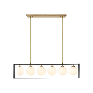 English Elm Helena Industrial 6-Light Frosted Glass Globe Linear Chandelier, Antique Brass Open Cage Fixture B03596555