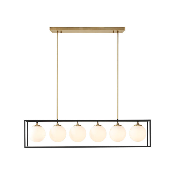 English Elm Helena Industrial 6-Light Frosted Glass Globe Linear Chandelier, Antique Brass Open Cage Fixture B03596555